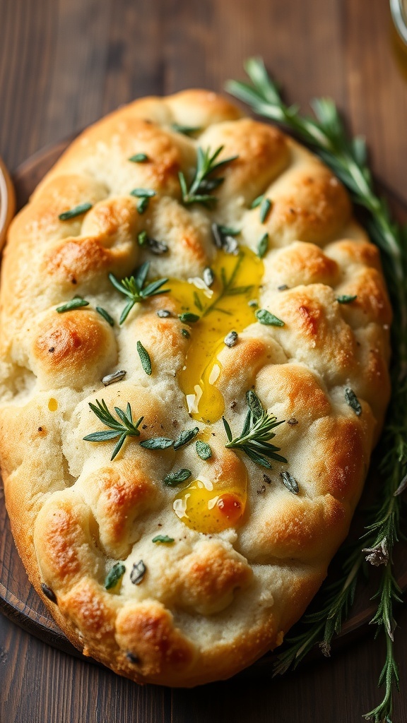 A golden focaccia bread topped with herbs and olive oil on a wooden table, with rosemary and olive oil on the side.